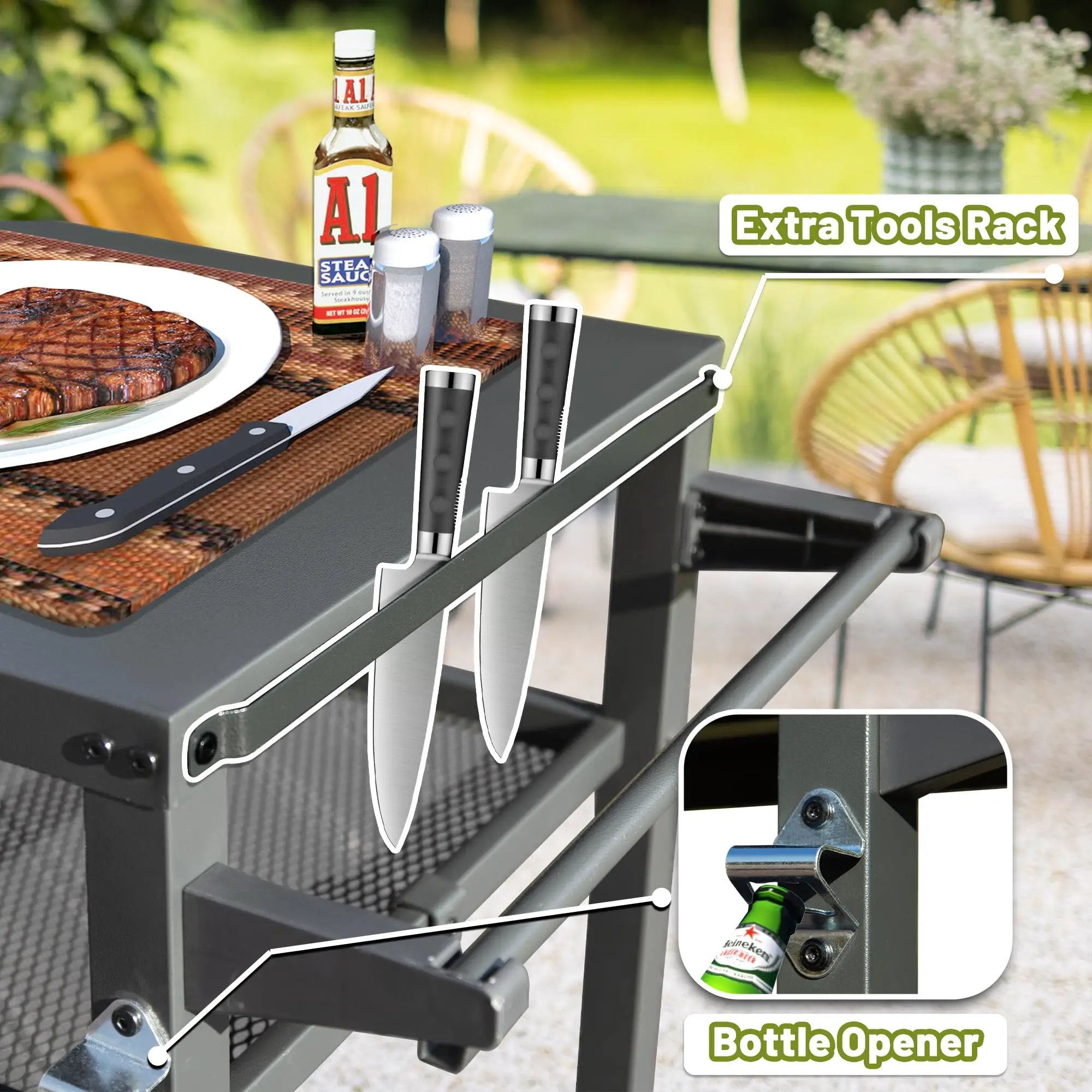 3-Shelf Outdoor Grill Table with Wheels and Propane Tank Hook by HouseOfZazla
