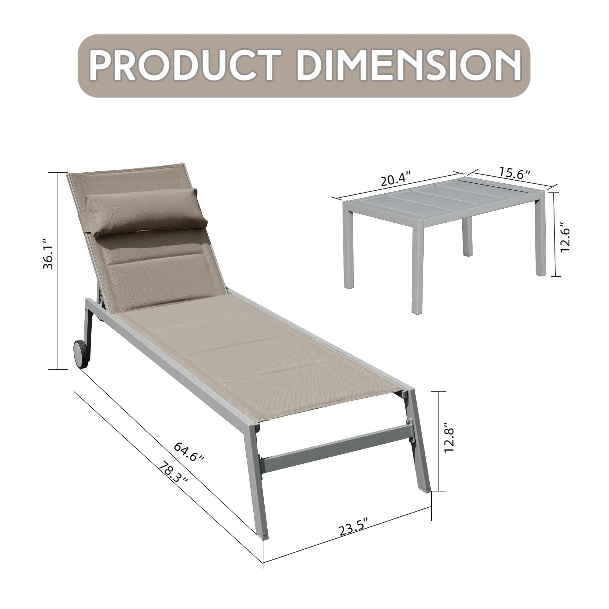 Outdoor Patio Chaise Lounge Set of 3 with Side Table and Wheels (Khaki) by HouseOfZazla