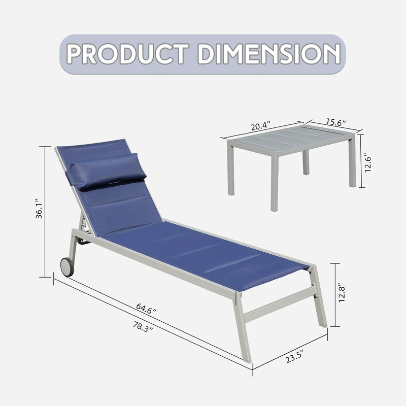 Outdoor Patio Chaise Lounge Set of 3, Aluminum Pool Lounge Chairs with Side Table and Wheels by HouseOfZazla