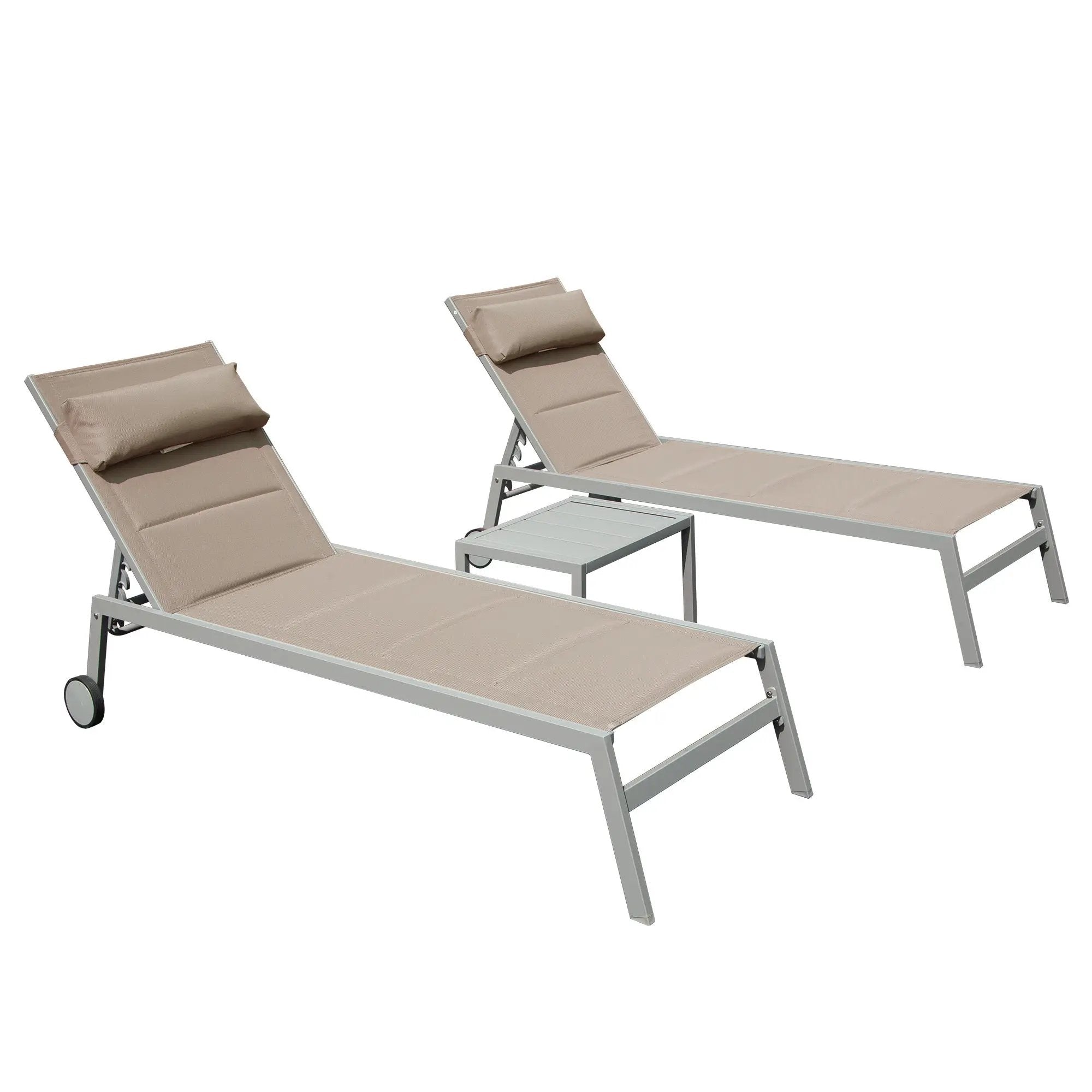 Outdoor Patio Chaise Lounge Set of 3 with Side Table and Wheels (Khaki) by HouseOfZazla