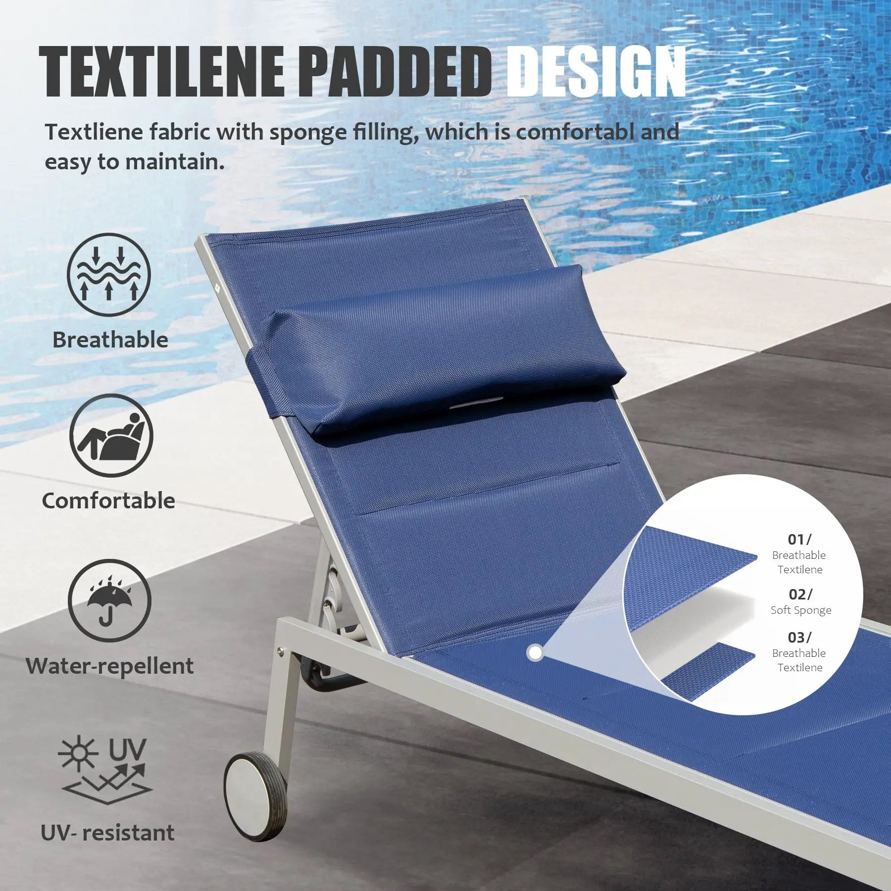Outdoor Patio Chaise Lounge Set of 3, Aluminum Pool Lounge Chairs with Side Table and Wheels by HouseOfZazla