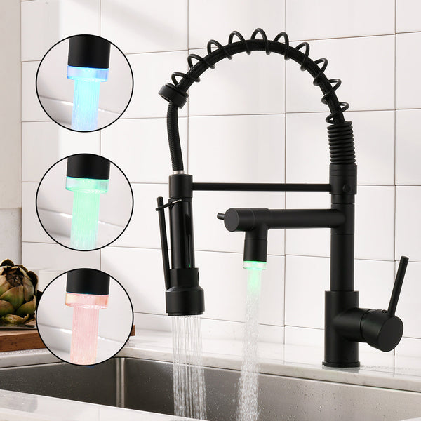 LED Commercial Kitchen Faucet with Pull Down Sprayer - Matte Black