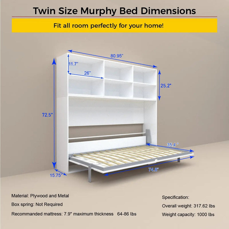 Modern Design Twin Size Horizontal Murphy Bed with Shelf Storage by HouseOfZazla
