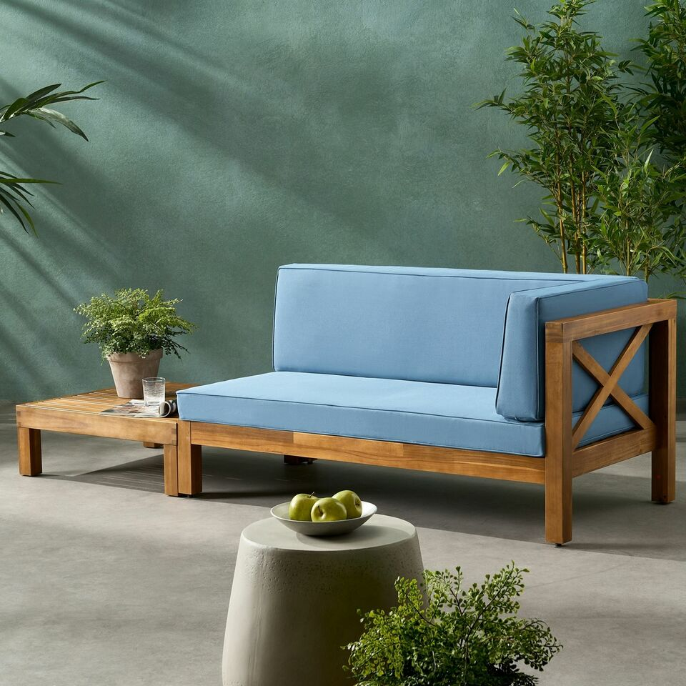 Brava X-Back Corner Bench Patio Furniture Set with Coffee Table - Acacia Wood, photo 2 of 10