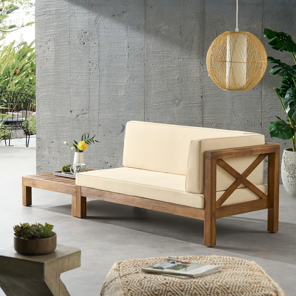 Brava X-Back Corner Bench Patio Furniture Set with Coffee Table - Acacia Wood, photo 4 of 10