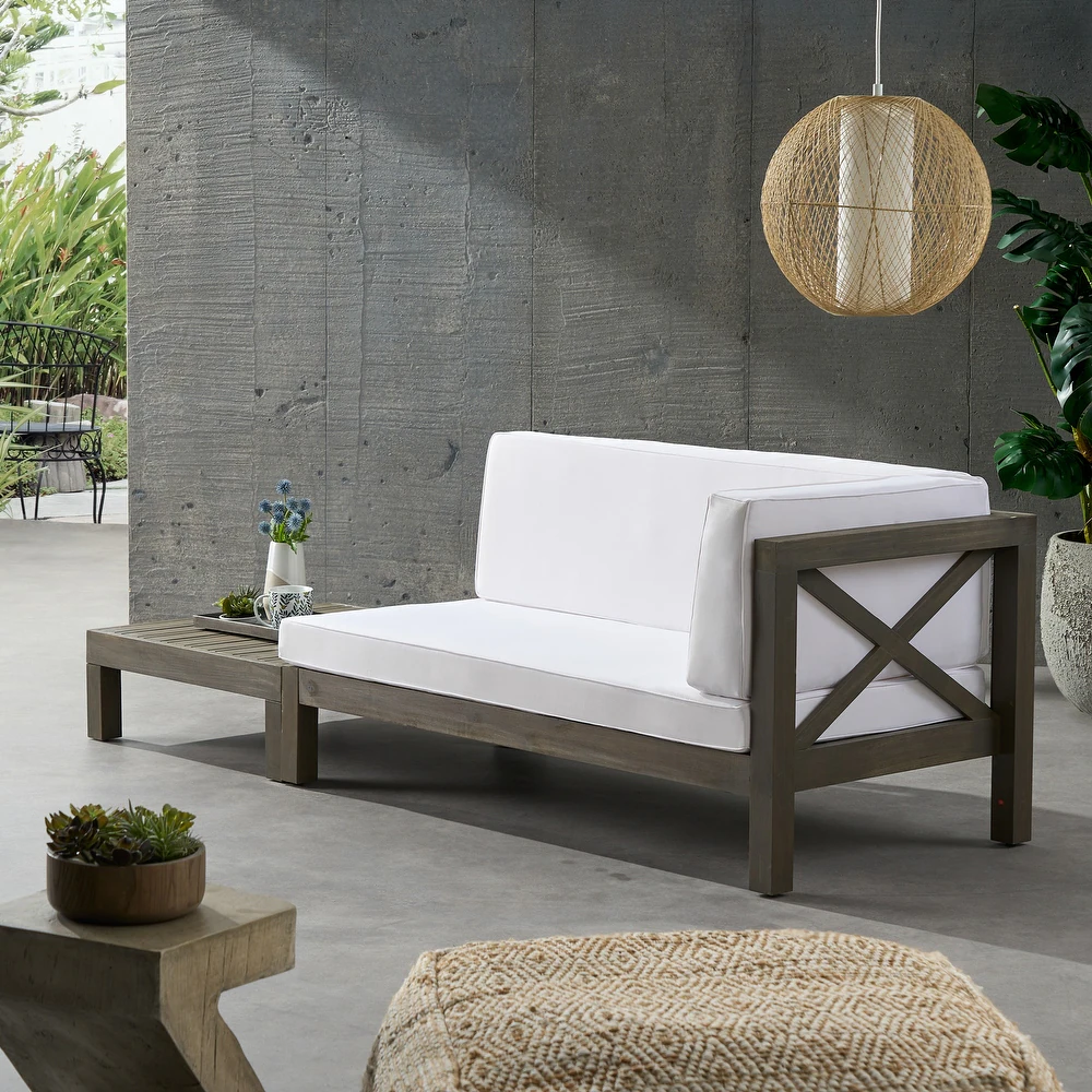 Brava X-Back Corner Bench Patio Furniture Set with Coffee Table - Acacia Wood, photo 3 of 10