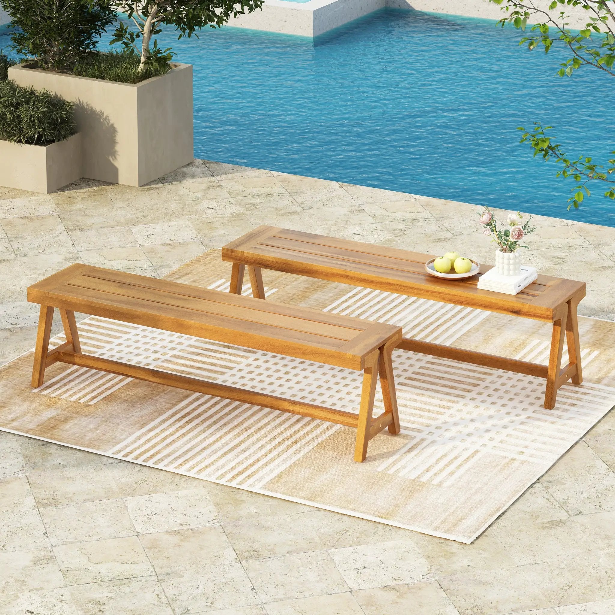 Outdoor Dining Benches (Set of 2) - Acacia Wood with Teak Finish by HouseOfZazla