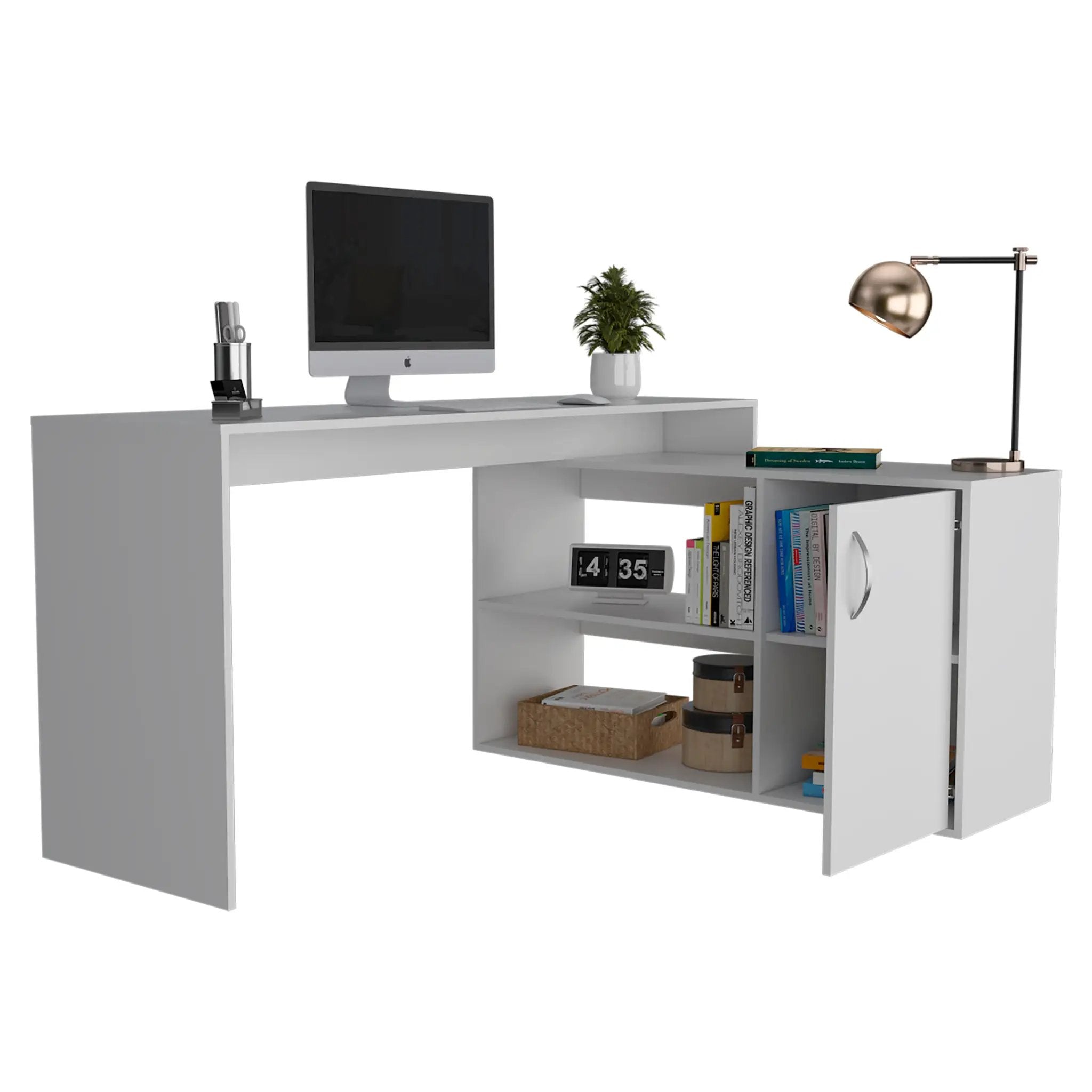 Axis Modern L-Shaped Computer Desk with Open & Closed Storage - White by HouseOfZazla