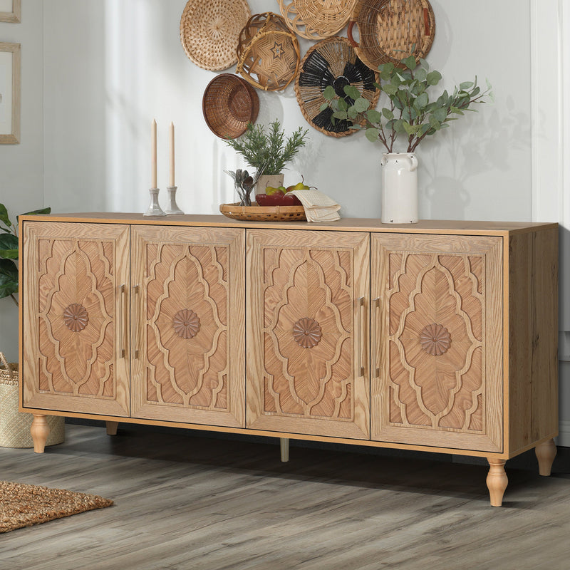 Carved Flower Door Large Storage Cabinet With Metal Handle Suitable For Living Room, Kitchen, Entryway(NATURAL WOOD), photo 3 of 10