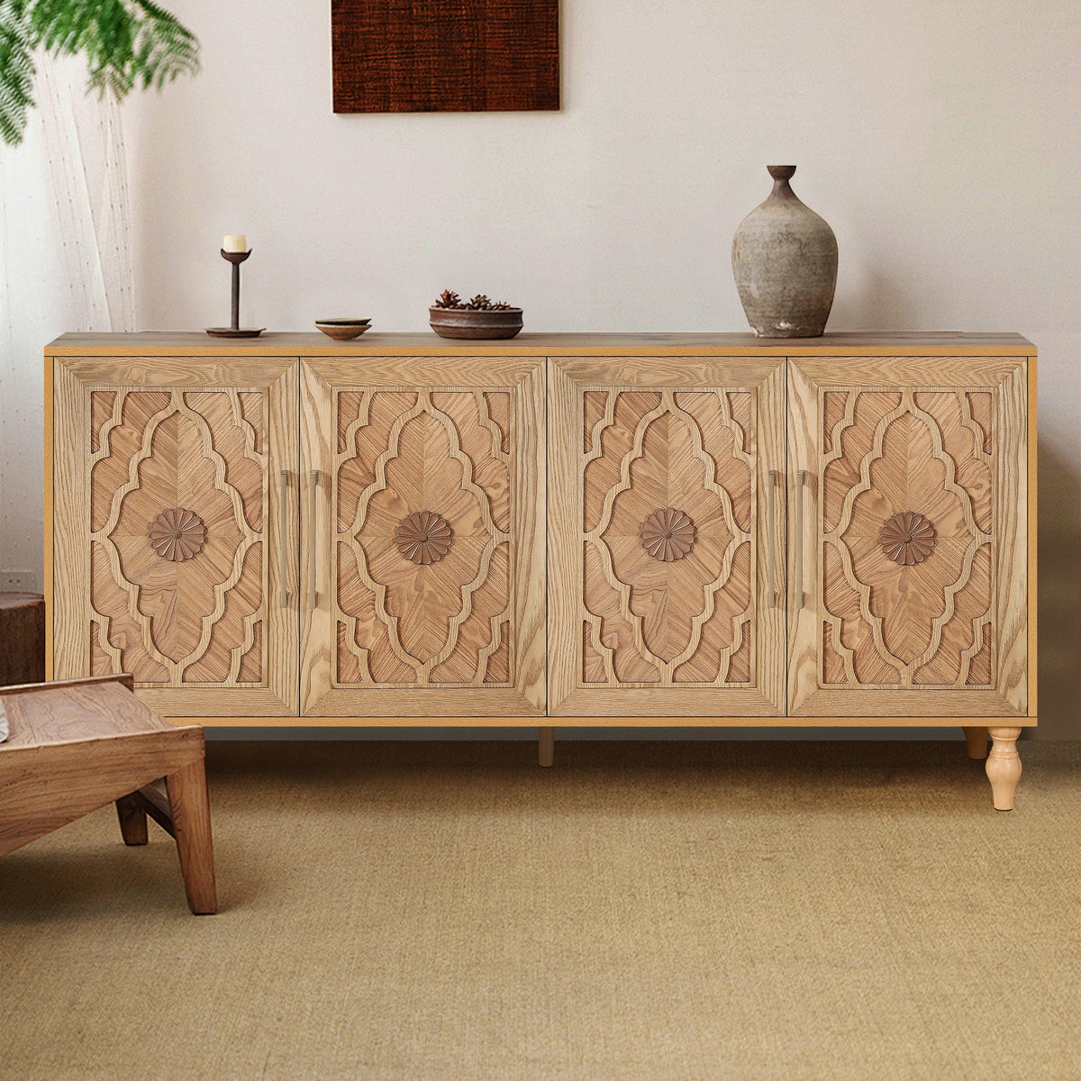 Carved Flower Door Large Storage Cabinet With Metal Handle Suitable For Living Room, Kitchen, Entryway(NATURAL WOOD), photo 2 of 10