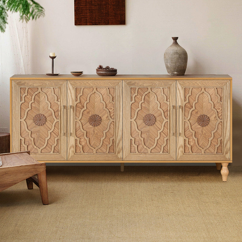 Carved Flower Door Large Storage Cabinet With Metal Handle Suitable For Living Room, Kitchen, Entryway(NATURAL WOOD), photo 2 of 10