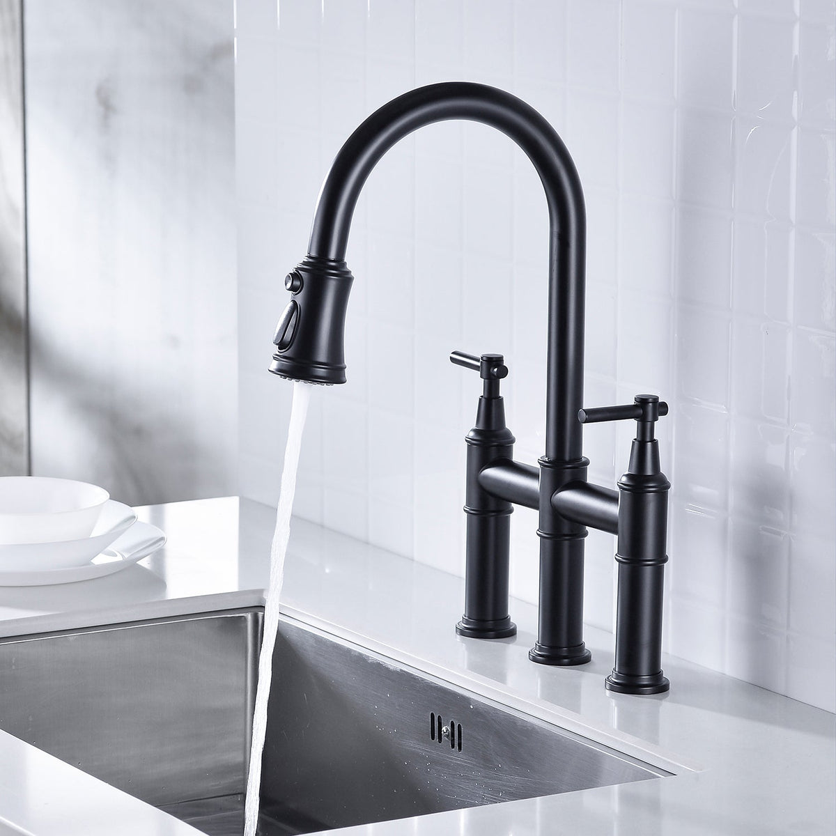 Bridge Kitchen Faucet with Pull-Down Sprayhead - Brass, photo 9 of 10