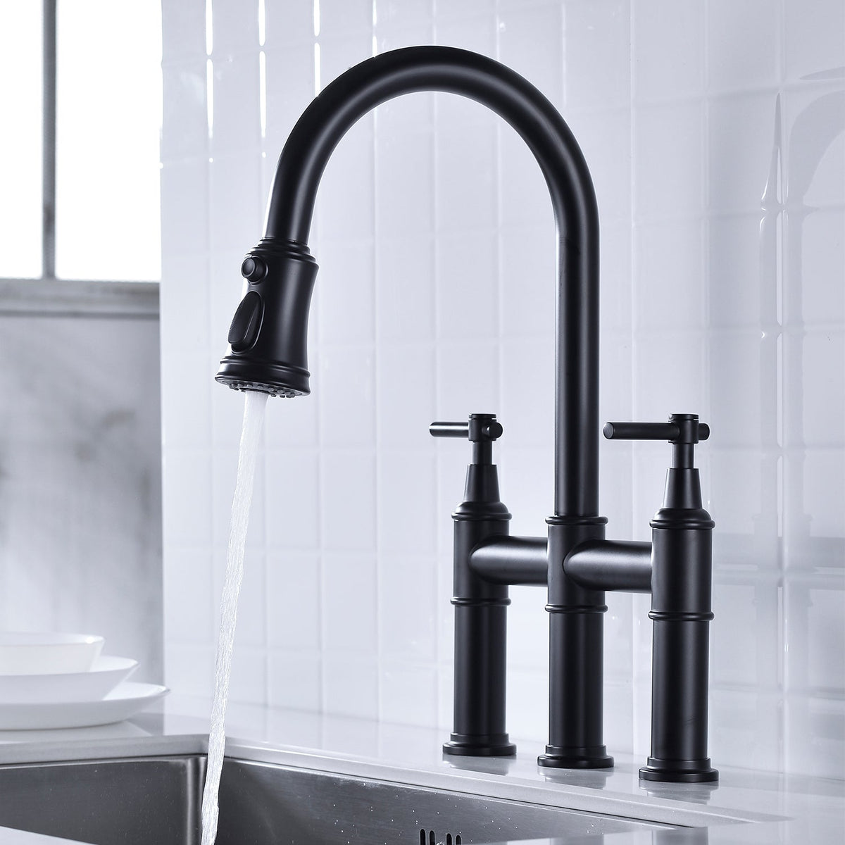 Bridge Kitchen Faucet with Pull-Down Sprayhead - Brass, photo 8 of 10