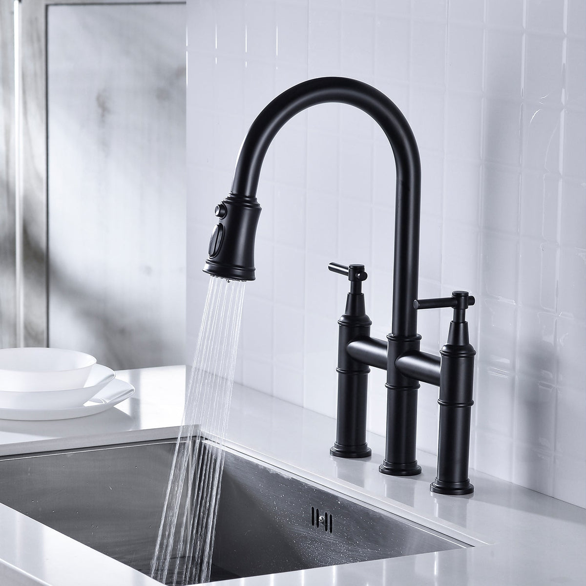 Bridge Kitchen Faucet with Pull-Down Sprayhead - Brass, photo 10 of 10