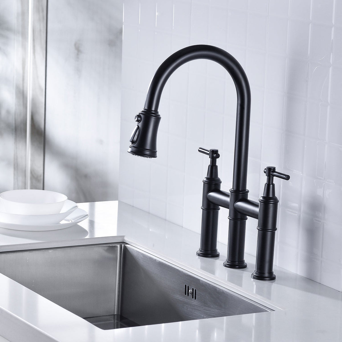 Bridge Kitchen Faucet with Pull-Down Sprayhead - Brass, photo 6 of 10
