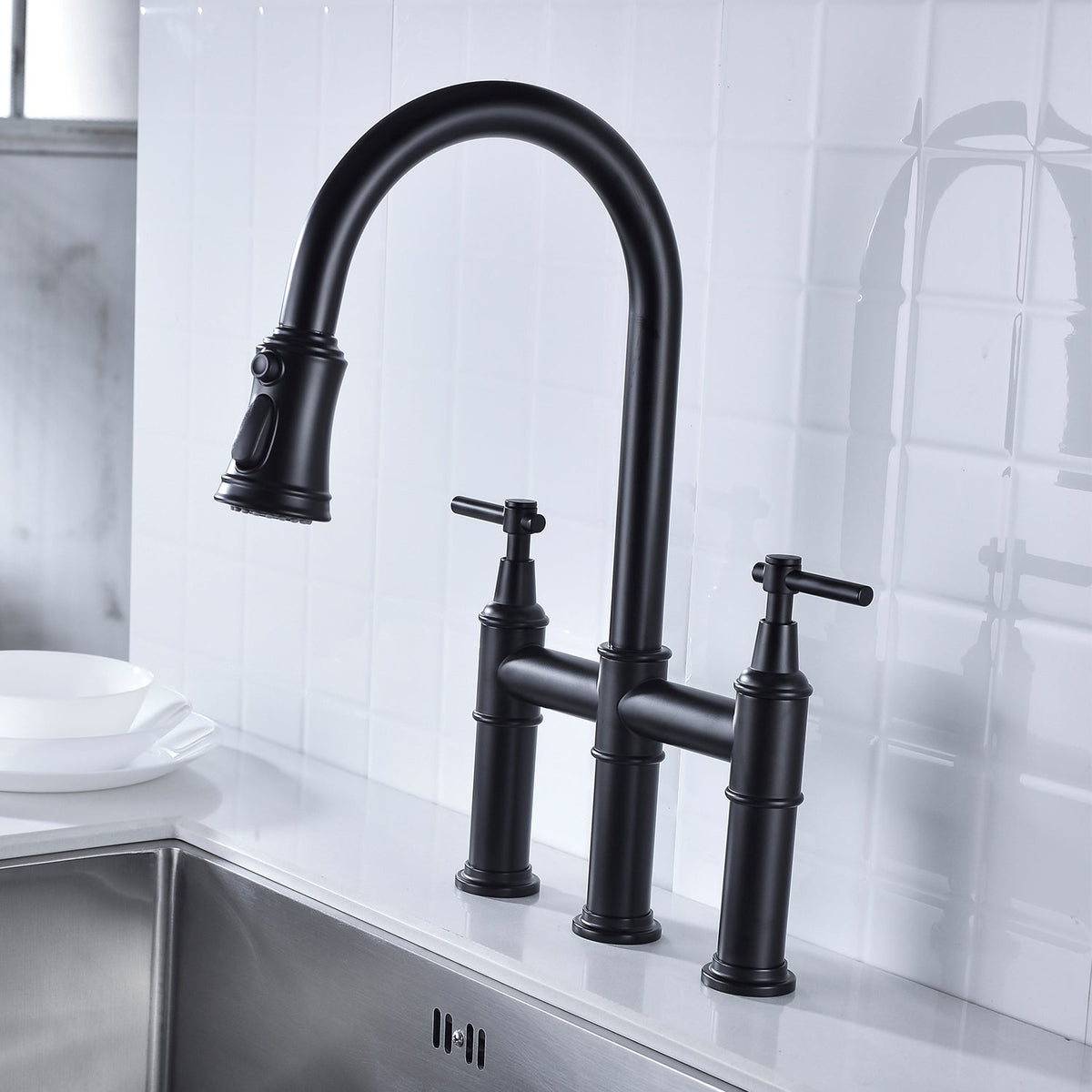 Bridge Kitchen Faucet with Pull-Down Sprayhead - Brass, photo 7 of 10