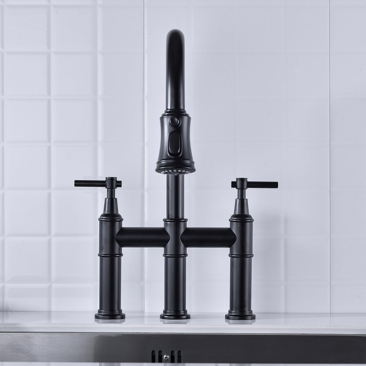 Bridge Kitchen Faucet with Pull-Down Sprayhead - Brass, photo 3 of 10