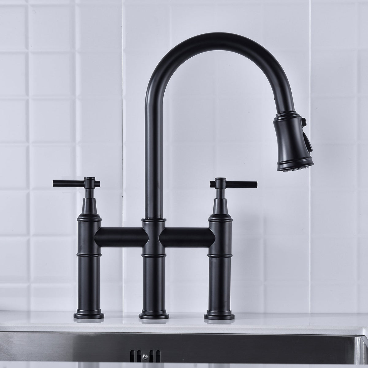 Bridge Kitchen Faucet with Pull-Down Sprayhead - Brass, photo 4 of 10