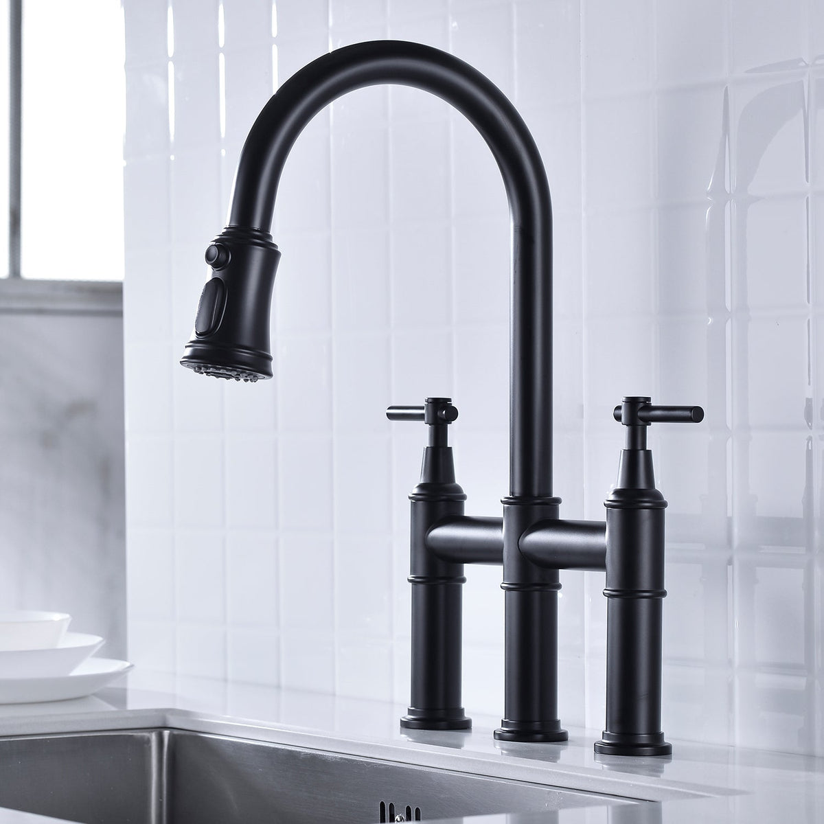 Bridge Kitchen Faucet with Pull-Down Sprayhead - Brass, photo 5 of 10