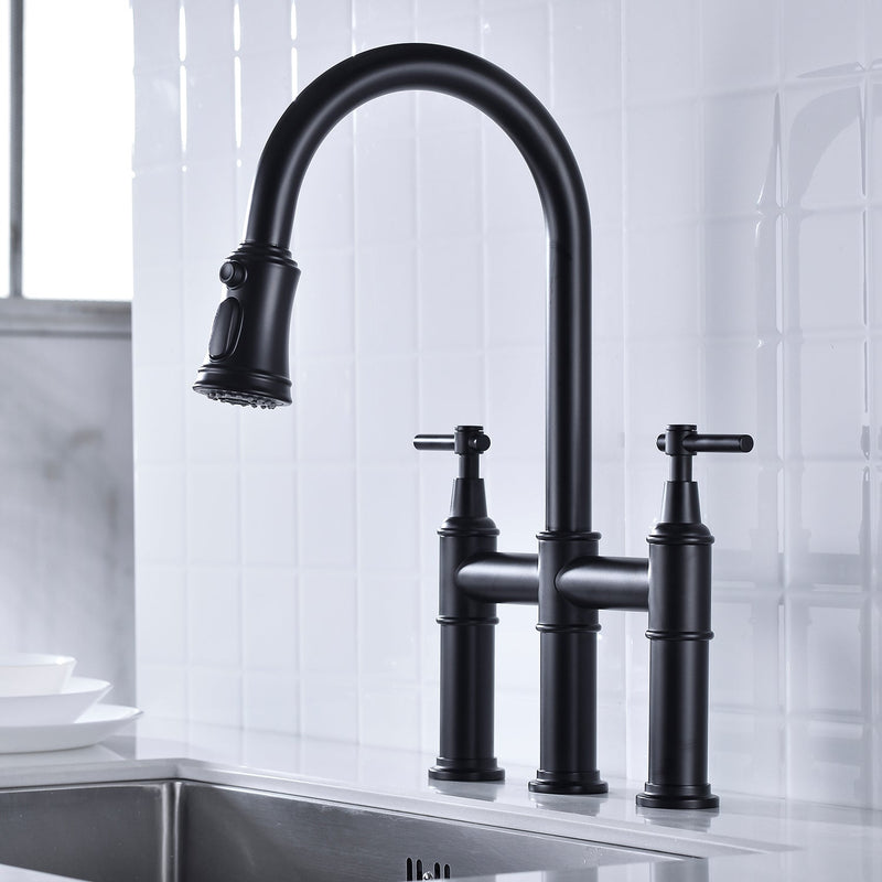 Bridge Kitchen Faucet with Pull-Down Sprayhead - Brass, photo 5 of 10