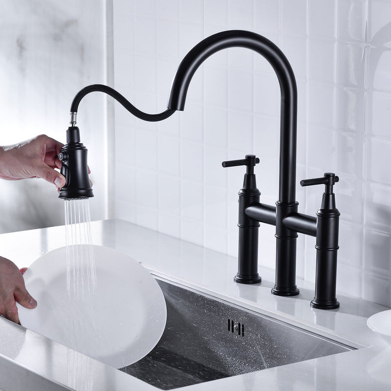 Bridge Kitchen Faucet with Pull-Down Sprayhead - Brass