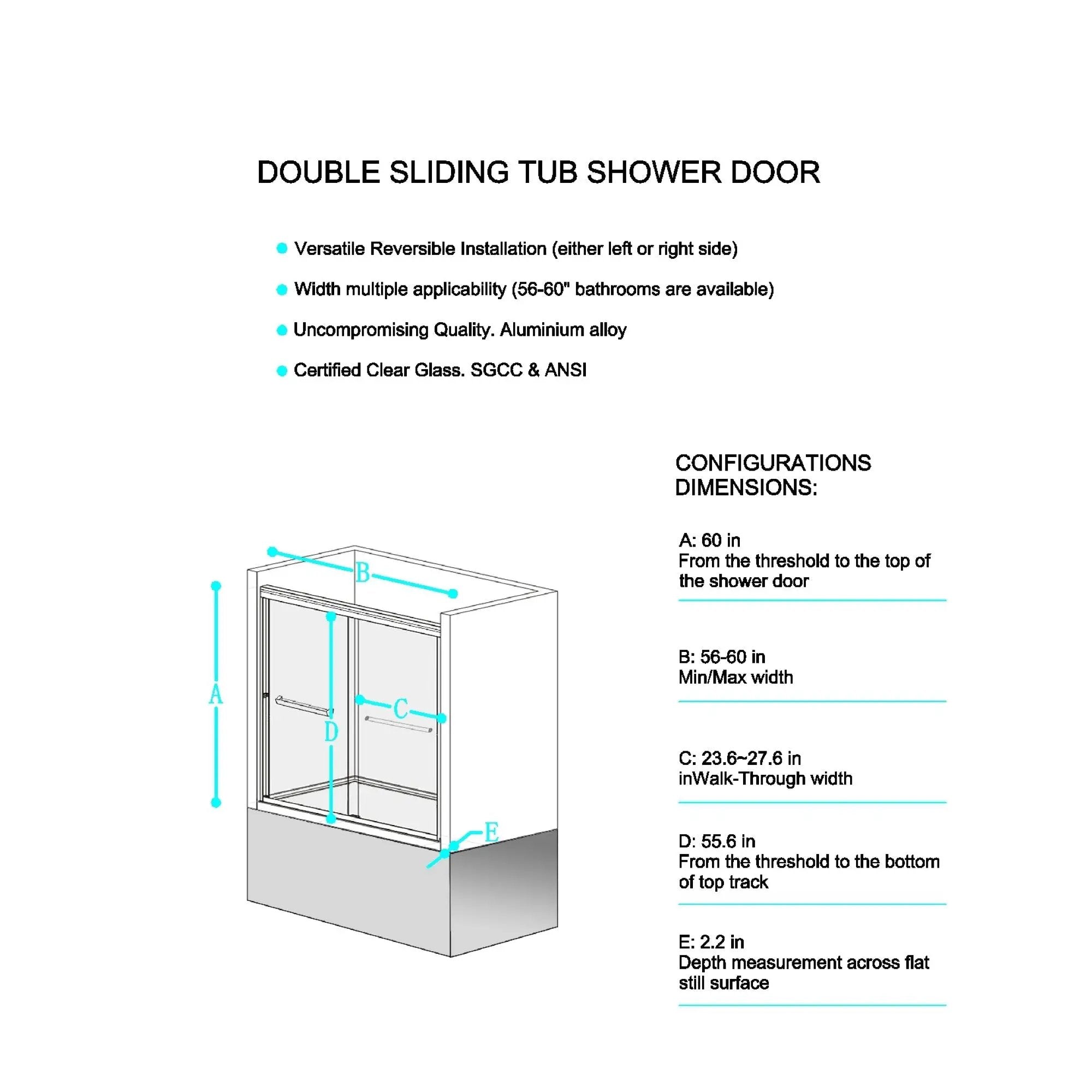 56-60"W x 60"H Double Sliding Tub Shower Door by HouseOfZazla