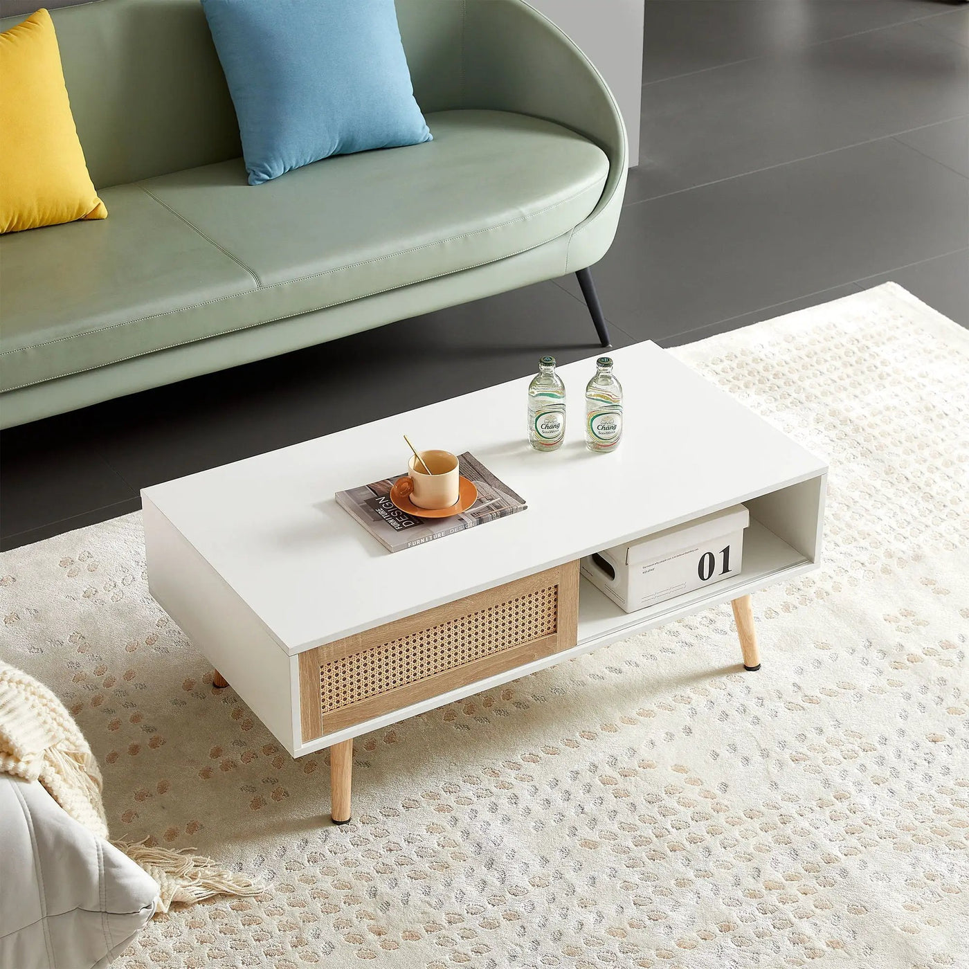 41.34" Rattan Coffee Table, Sliding Door For Storage, Solid Wood Legs, Modern Table For Living Room by HouseOfZazla