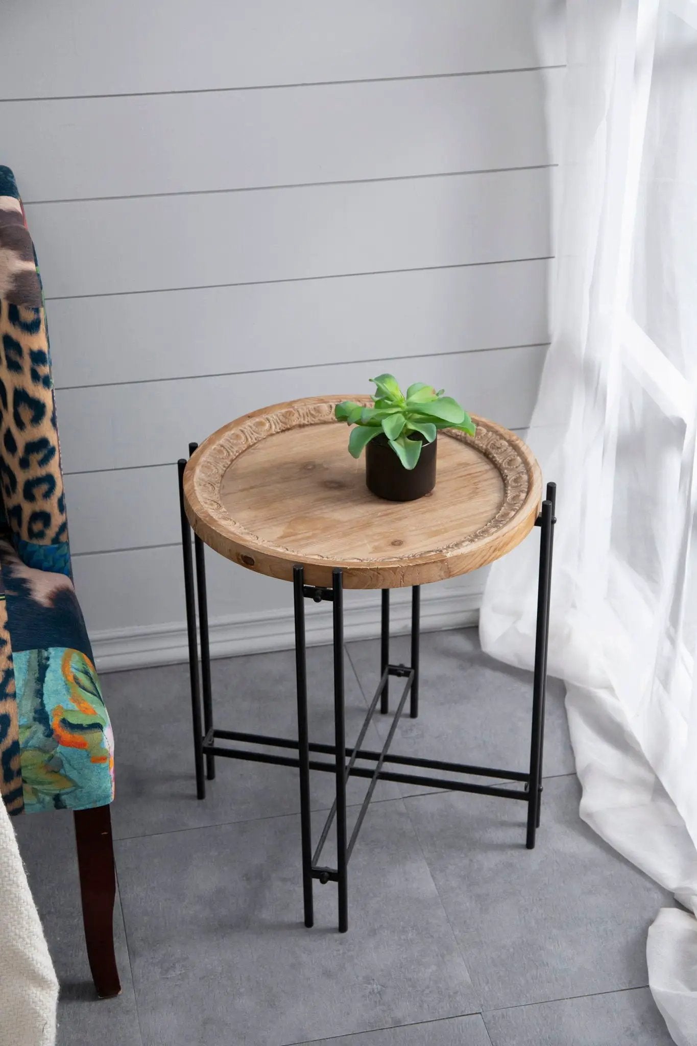Round Side Table With Wood Top, End Table For Living Room Bedroom - Black Brown by HouseOfZazla