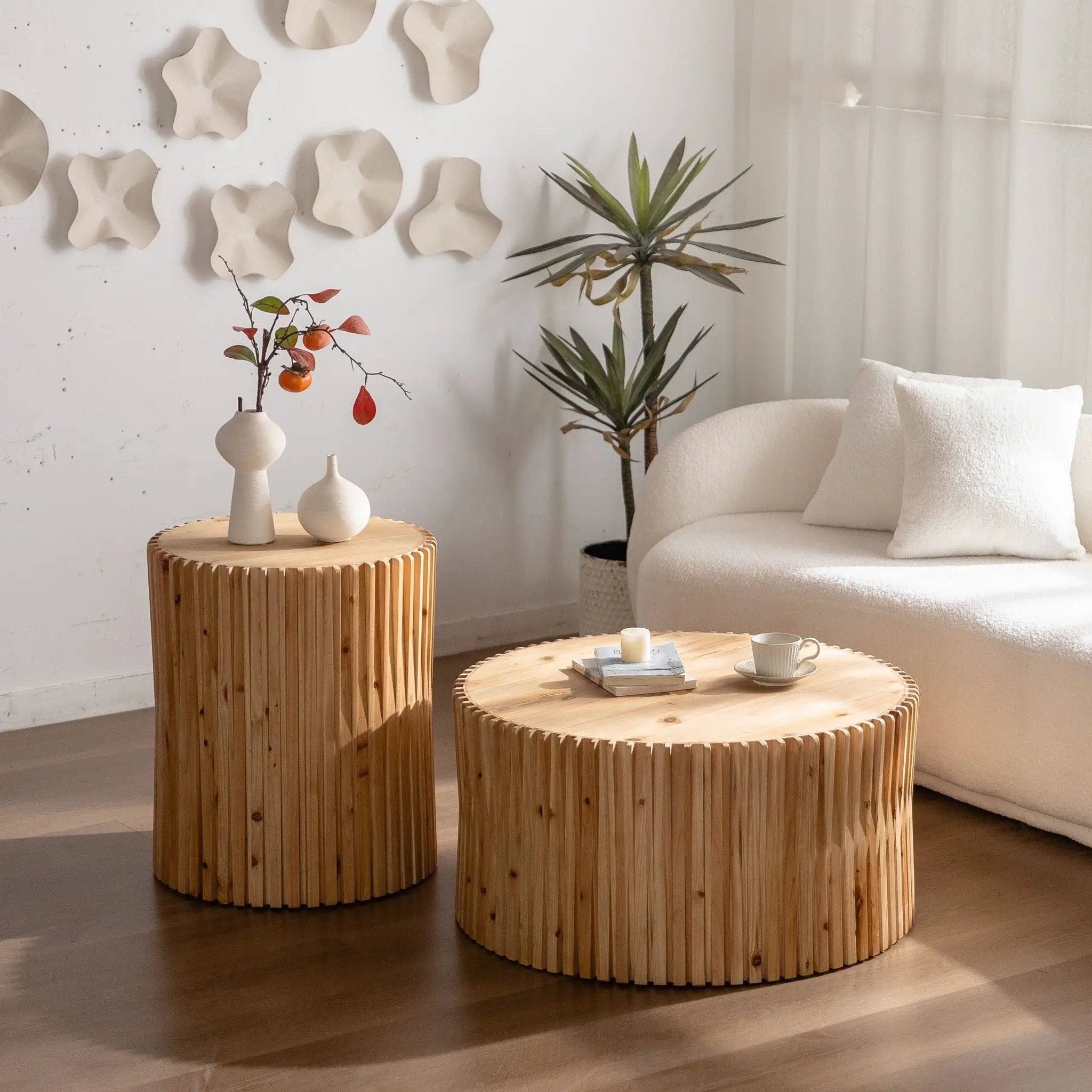 Cylindrical Coffee Table With Vertical Texture Relief For Living Room (Set of 2) - Natural by HouseOfZazla