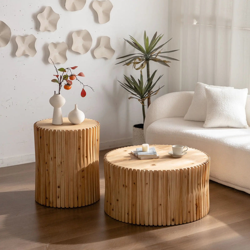Cylindrical Coffee Table With Vertical Texture Relief For Living Room (Set of 2) - Natural by HouseOfZazla