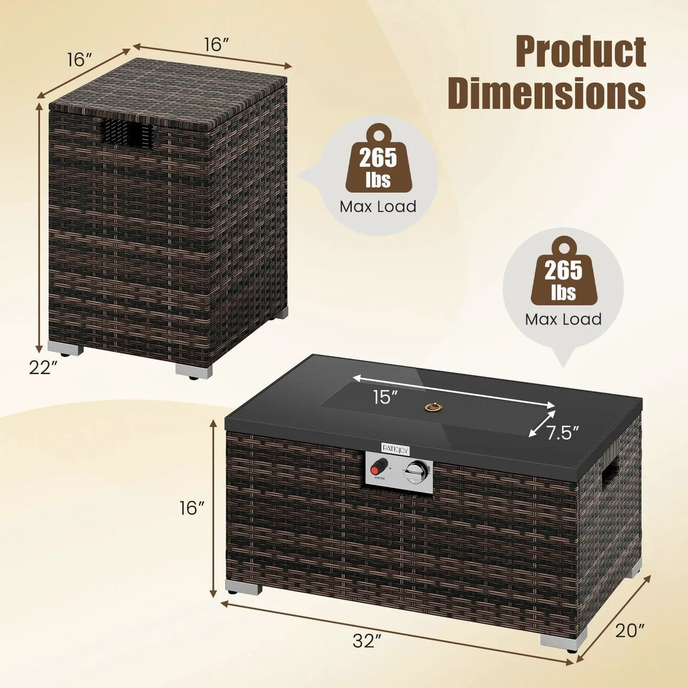 2-Piece Outdoor Rattan Fire Table Set 32 Inch Rectangle Gas Firepit with Tank Cover by DirectDeals