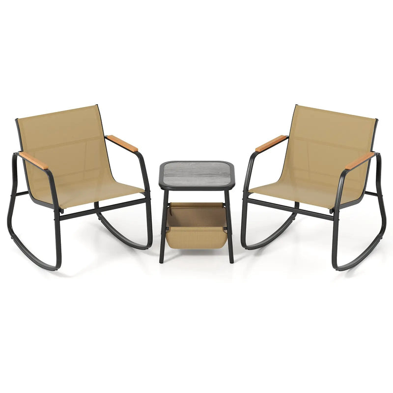 3 Piece Rocking Bistro Chairs and Side Table Set with Storage Bag-Brown by DirectDeals