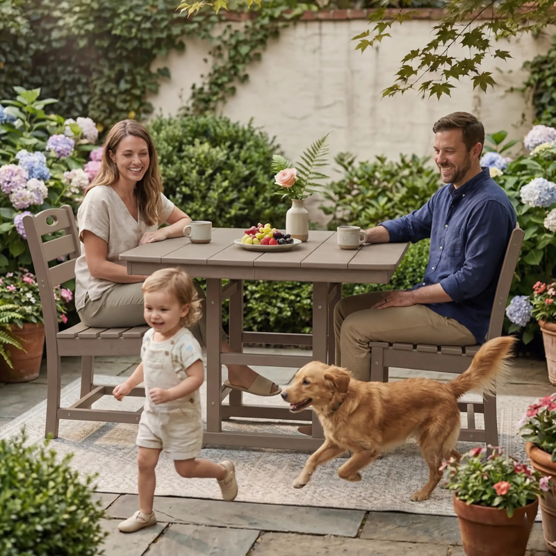 Antique Wood HDPE Outdoor Patio Dining Set, 37.8 in. Square Table with 2 Chairs by HouseOfZazla