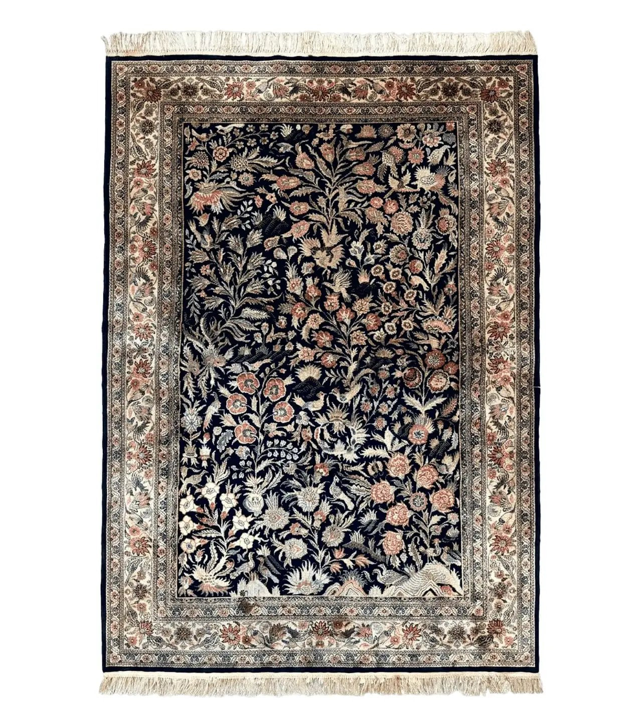 Silk Rug 4x6, Black and Cream, Floral & Bird Pictorials, Fine 330 KPSI, Sino Persian Rug by Jewel Rugs