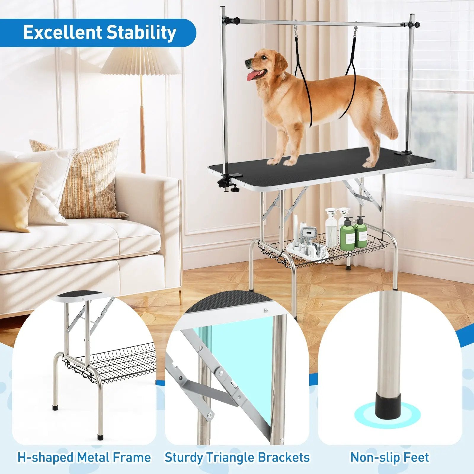 Foldable Dog Grooming Table with Height Adjustable Arms-Black by DirectDeals