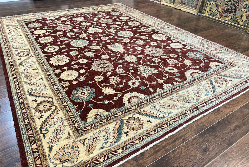 Peshawar Rug 9x11, Pakistani Oriental Carpet, Maroon and Beige, Floral Allover, Wool Hand Knotted Handmade Vintage Rug by Jewel Rugs