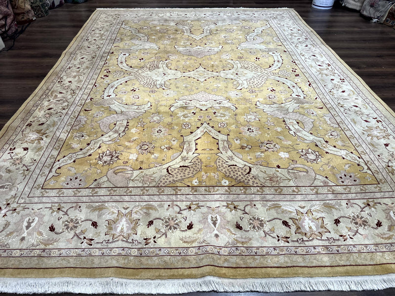 Sino Persian Rug 8x11, Wool with Silk Highlights, Unique Colors, Gold and Light Green, Fine 240 KPSI by Jewel Rugs