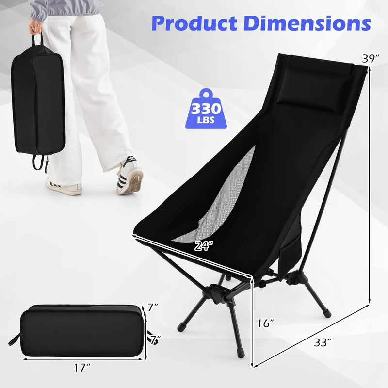 High Back Portable Camping Chair with Compact Carry Bag and Pillow-Black by DirectDeals