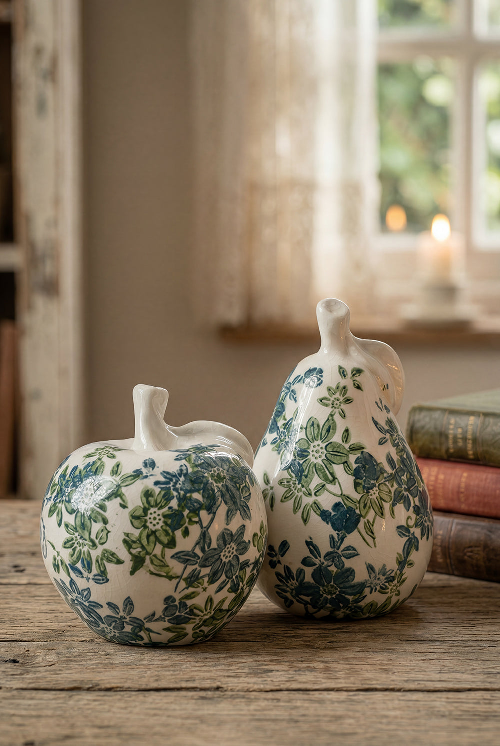 Floral Ceramic Pear and Apple Decor Set with Elegant Ivory Finish
