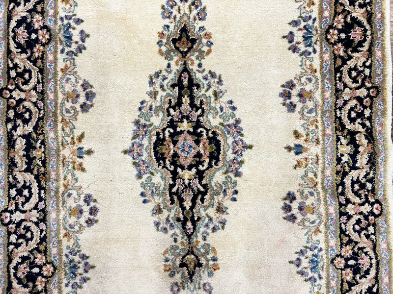 Persian Kirman Rug 4x7, Wool Hand Knotted Antique Carpet, Beige, Semi Open Field Medallion Rug, Traditional Handmade Oriental Rug by Jewel Rugs