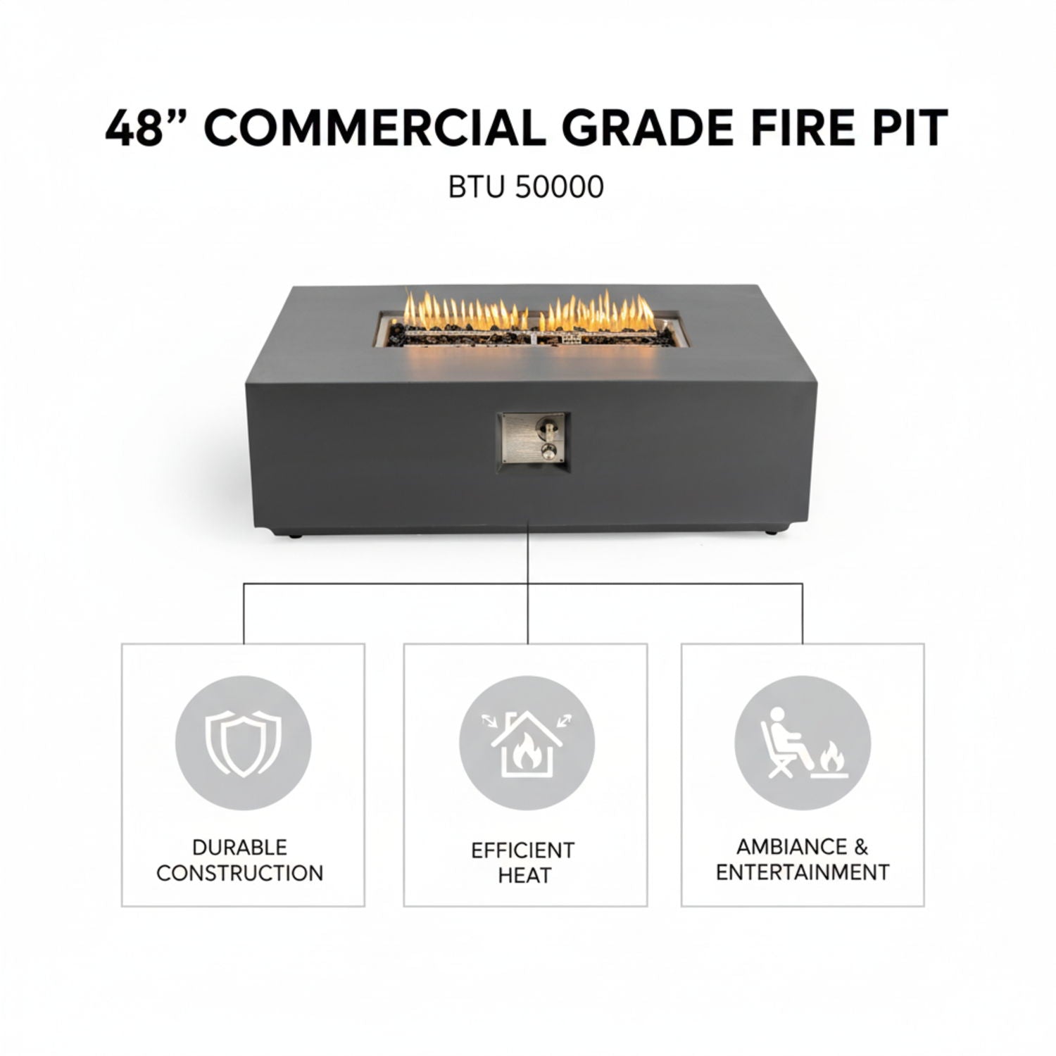 Volon - Rectangular Fire Pit Table, Propane Powered, 50,000 BTU - Light Gray by HouseOfZazla