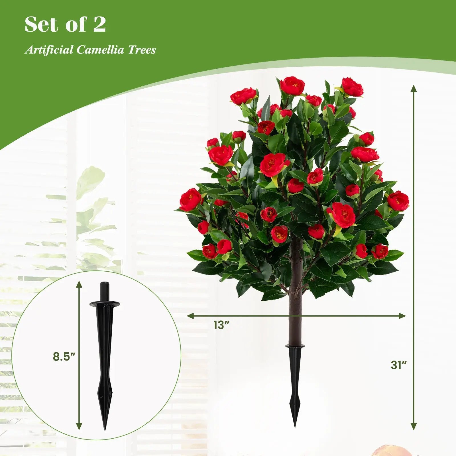 31 Inches Artificial Camellia Tree Set 2 Pack Fake Flower Trees-Green by DirectDeals