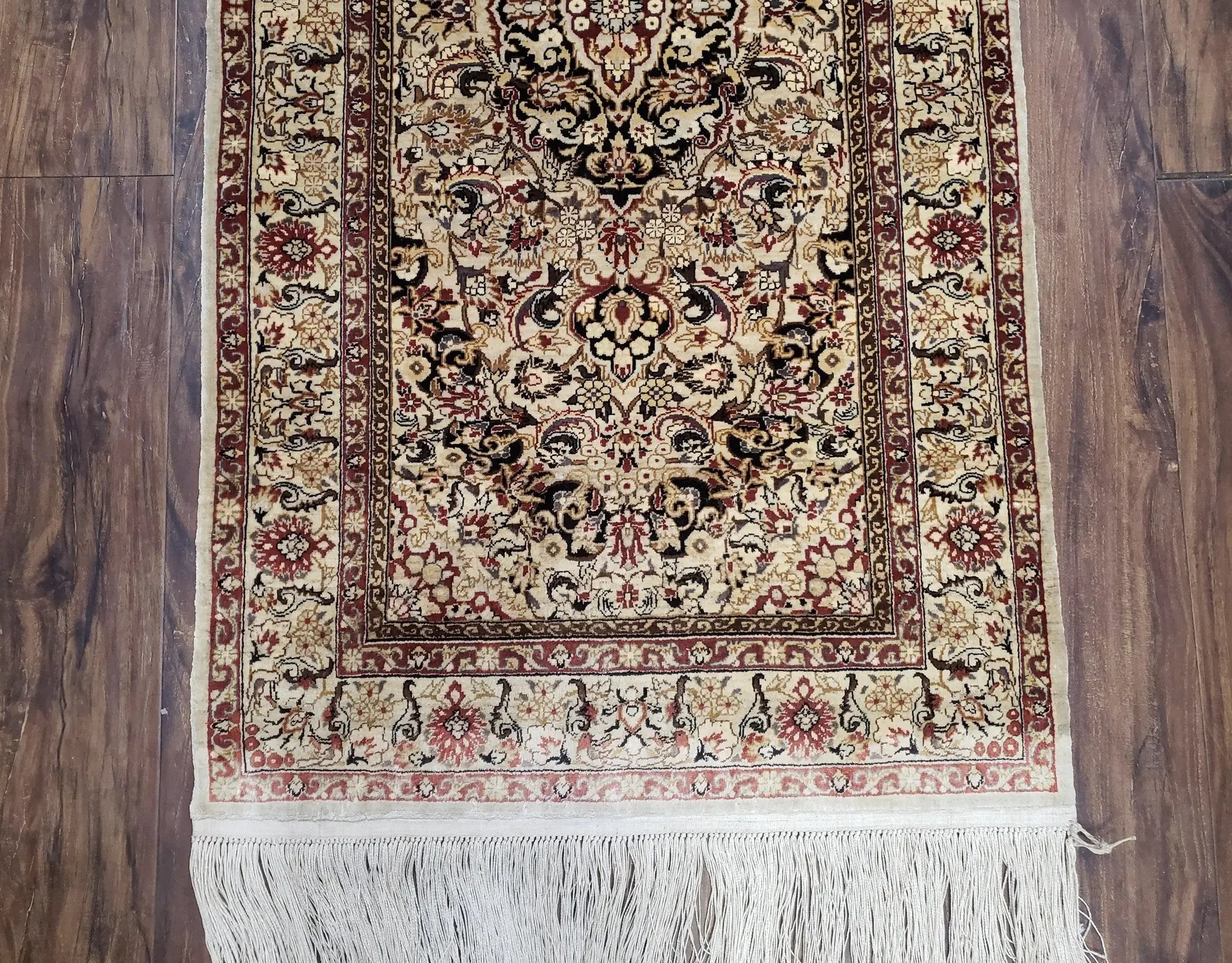 Silk Oriental Rug 1' 7" x 3', Very Fine Silk Carpet, Small Silk Rug, Traditional Floral Medallion, Hand-Knotted Cream Beige Vintage Silk Rug by Jewel Rugs