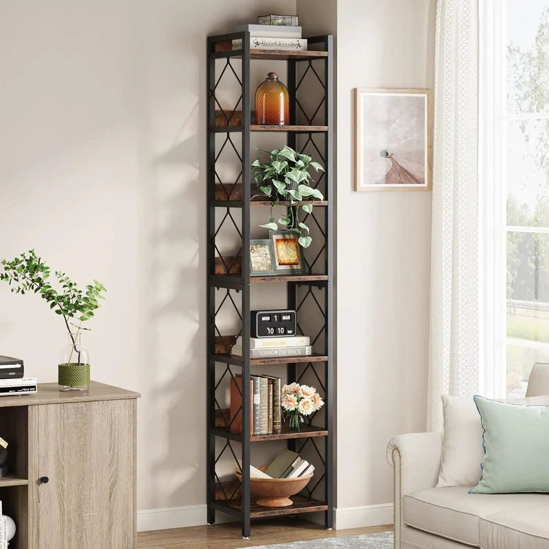 Extra Tall 7 Tier Narrow Corner Bookshelf Storage Display Rack For Living Room - Rustic Brown by HouseOfZazla