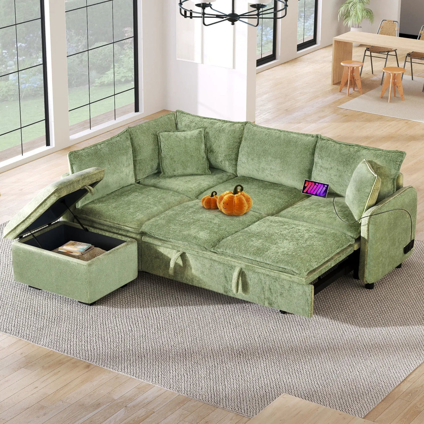 Convertible Sofa Bed Sectional Sofa Sleeper L-Shaped Sofa With A Storage Ottoman, Two Pillows, Two Power Sockets And Two USB Ports For Living Room by HouseOfZazla