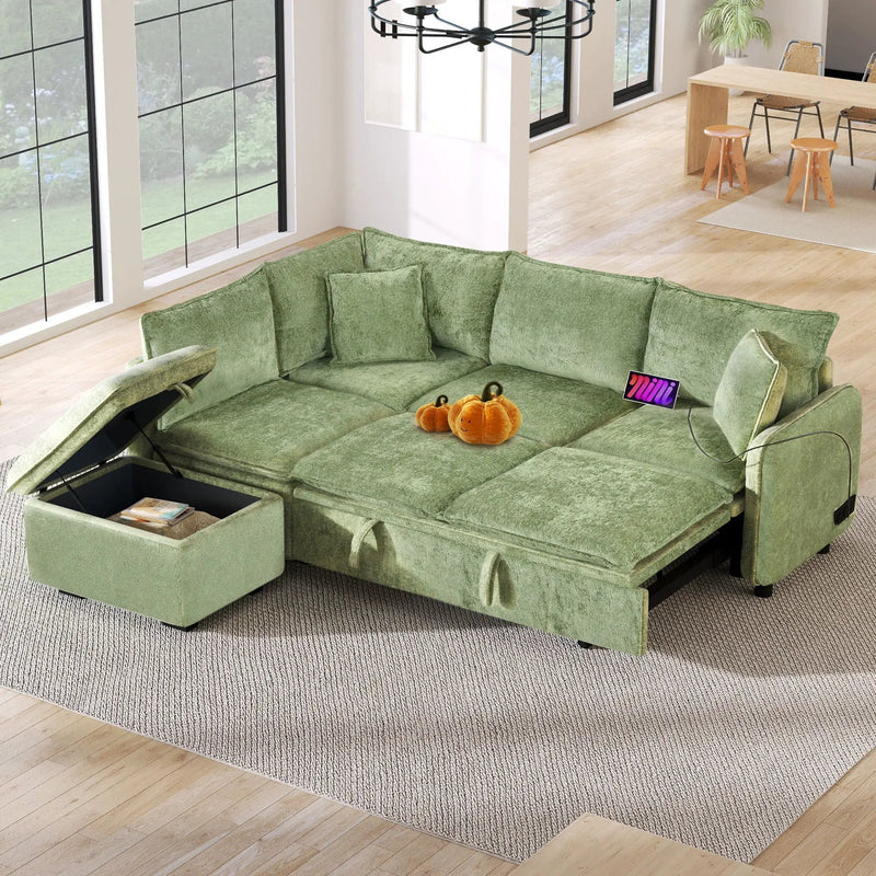 Convertible Sofa Bed Sectional Sofa Sleeper L-Shaped Sofa With A Storage Ottoman, Two Pillows, Two Power Sockets And Two USB Ports For Living Room by HouseOfZazla