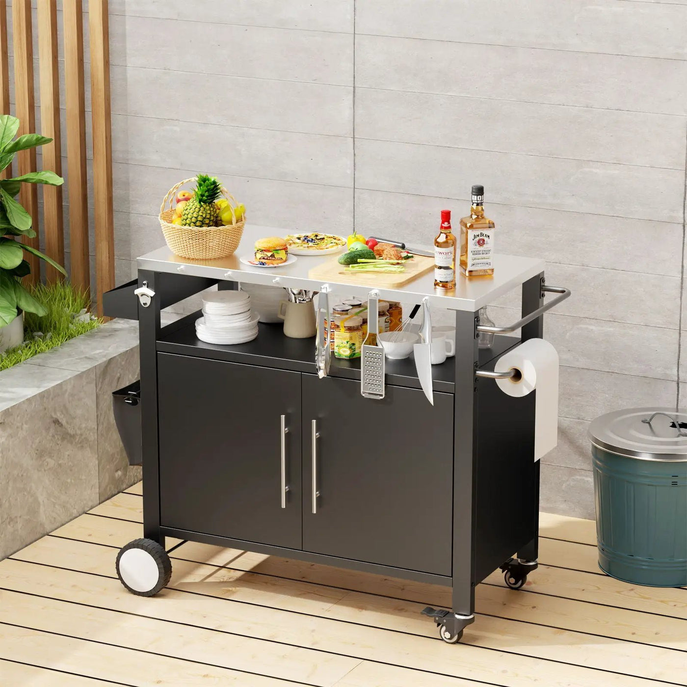 Outdoor Grill Cart With Storage, Rolling Bar Cart With Hooks And Spice Rack Stainless Steel by HouseOfZazla