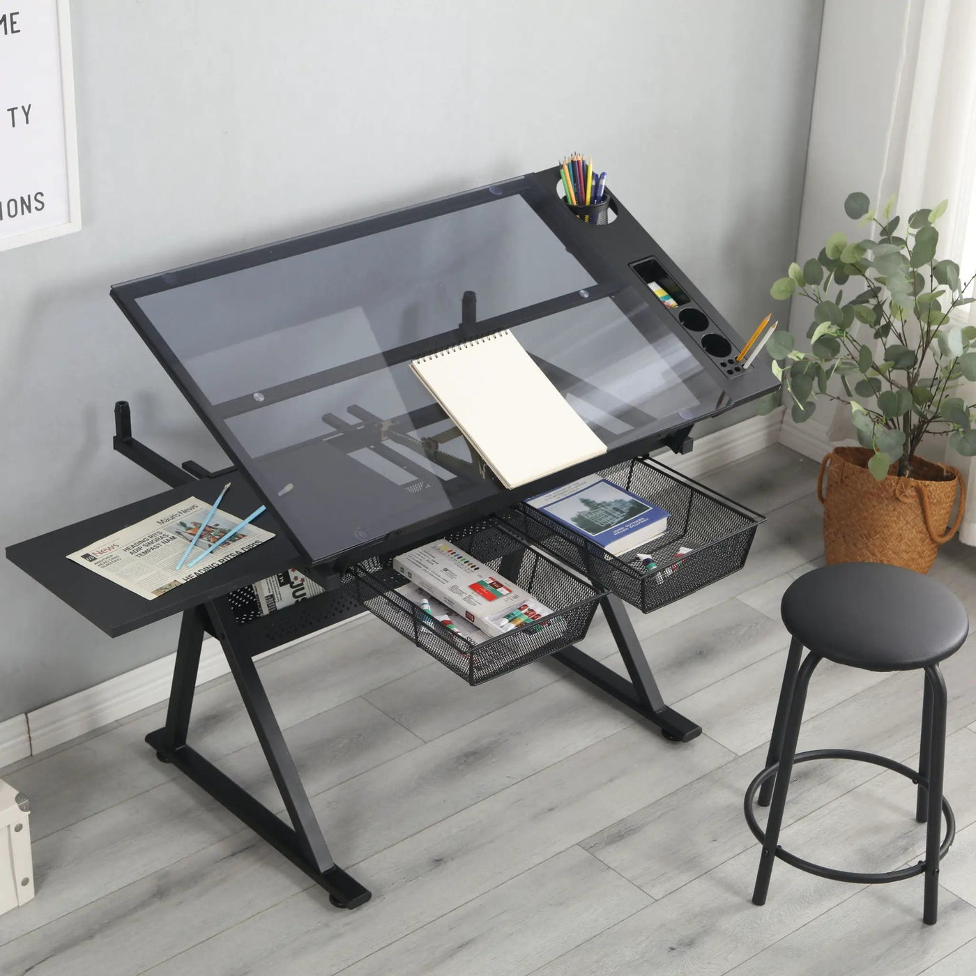 Adjustable Tempered Glass Drafting Printing Table With Chair by HouseOfZazla