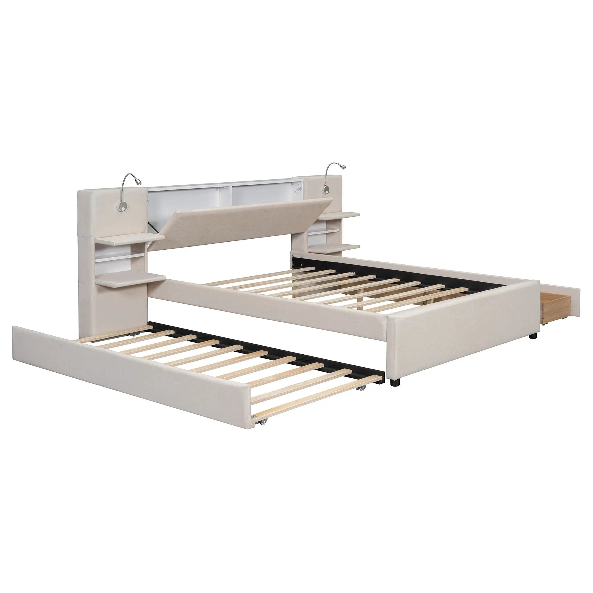Upholstered Platform Bed With Reading Lights, Drawers, Trundle And Shelves by HouseOfZazla