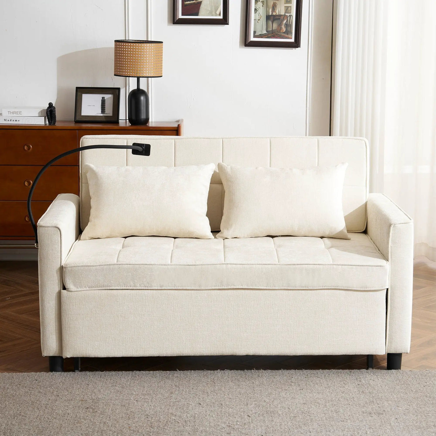 Pull-Out Sleeper Sofa With Reversible Backrest Cushion, Side Pockets, 2 USB Ports And A Phone Holder For Living Room by HouseOfZazla